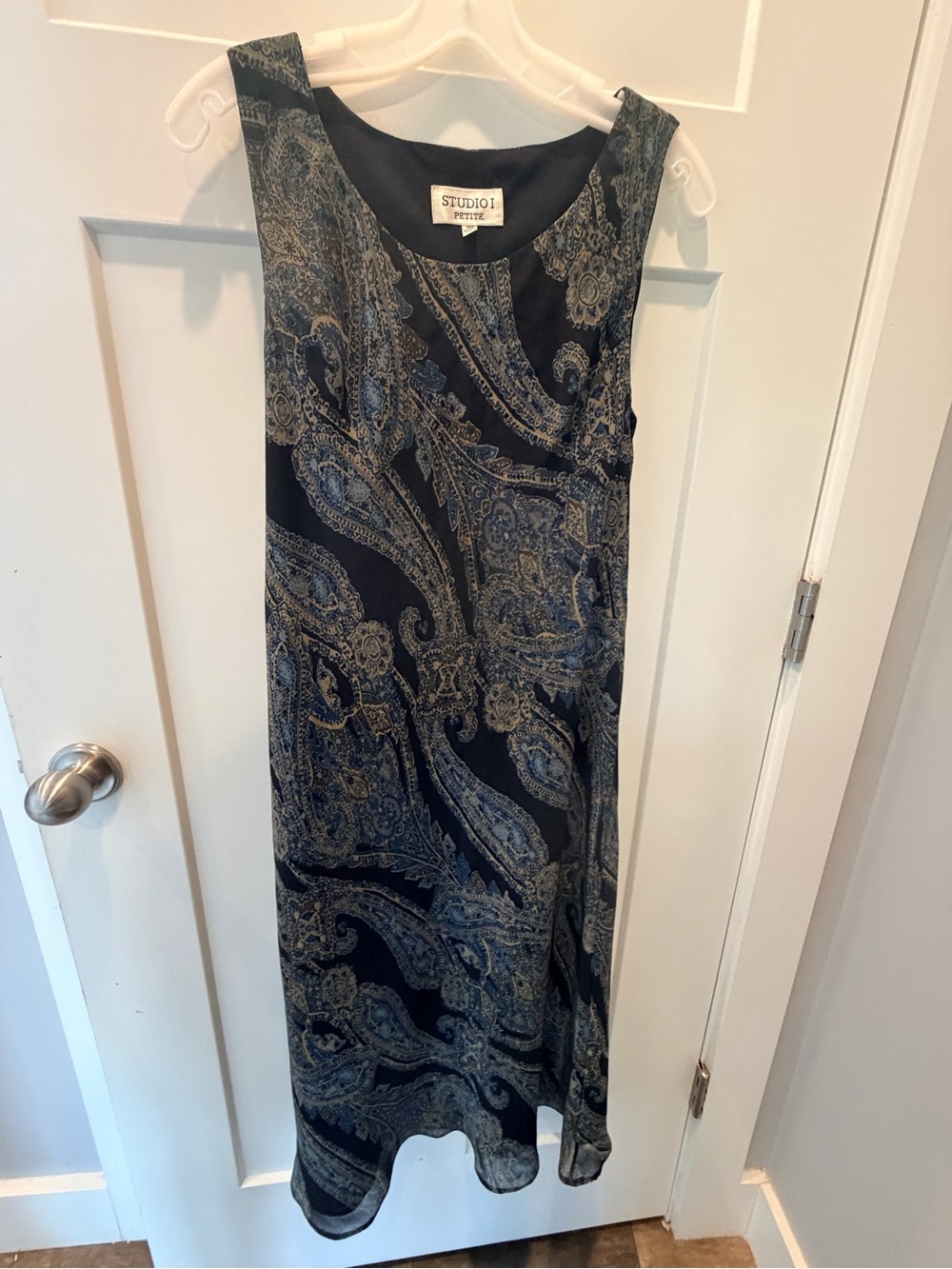 Studio I Petite 14P Navy Blue Paisley Sleeveless Maxi Dress Lined Boho